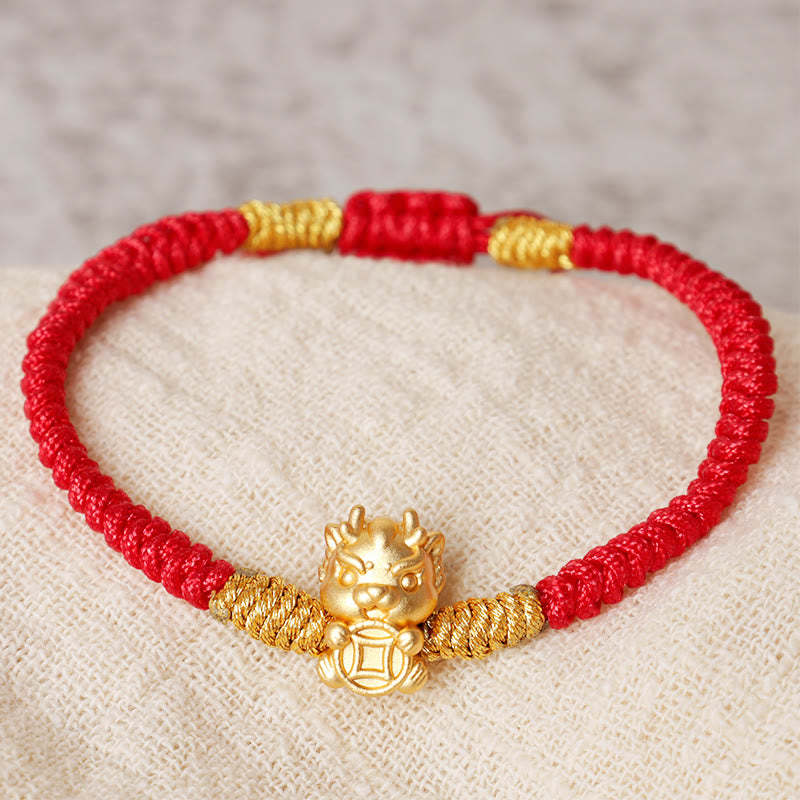 999 Sterling Silver Year of the Dragon Copper Coin Fortune Dragon Fu Character Luck Handcrafted Red String Braided Bracelet