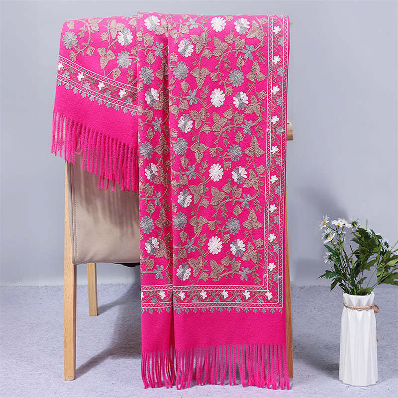 Polyester Shawl Cashew Flowers Embroidery Tassel Winter Cozy Travel Scarf Wrap
