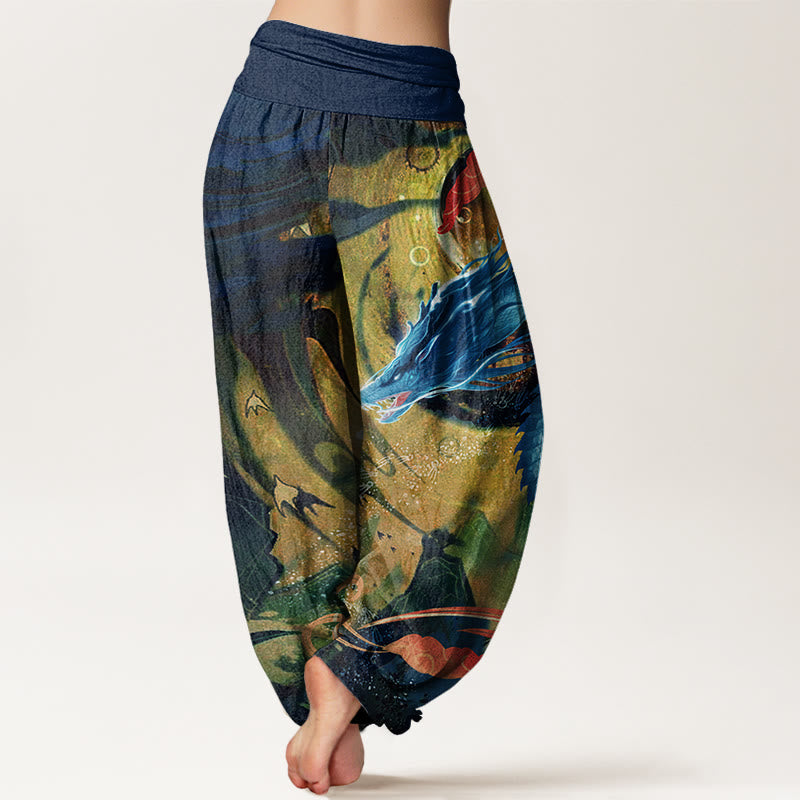 Dragon Auspicious Clouds Pattern Women's Elastic Waist Harem Pants