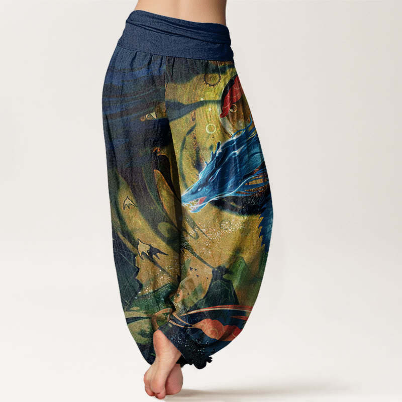 Dragon Auspicious Clouds Pattern Women's Elastic Waist Harem Pants