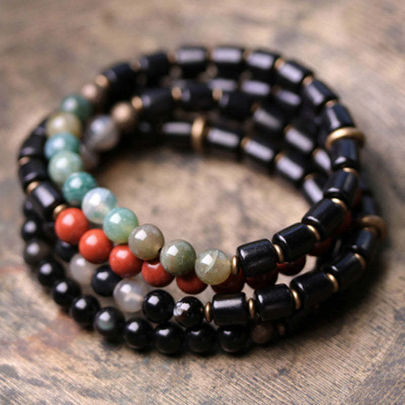 Ebony Wood Red Jasper Moss Agate Crystal Copper Peace Couple Bracelet