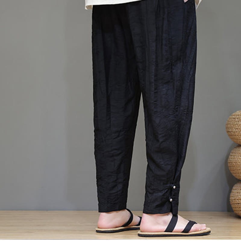Bamboo Ankle Frog-button Drawstring Men's Pants With Pockets