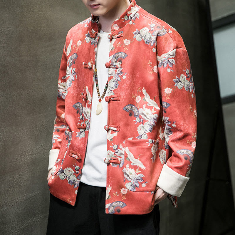 Chinese New Year Clothes Flowers Fan Birds Frog-button Tang Suit Cotton Men's Jacket Shirt With Pockets