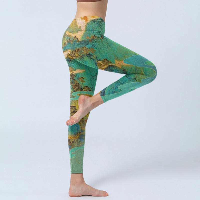 Chinese Style Green Mountains Landscape Print Lycra Fabric Fitness Leggings Women's Yoga Pants