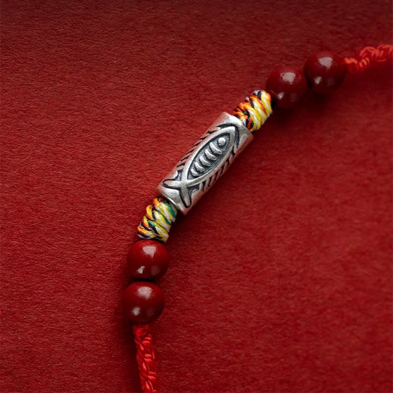925 Sterling Silver Koi Fish Cinnabar Bead Wealth Handcrafted Braided Bracelet Anklet