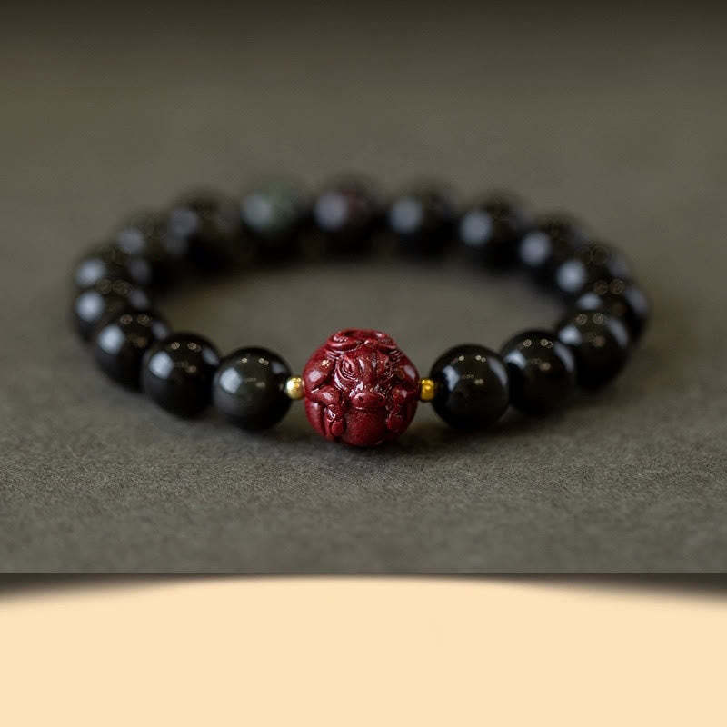 Chinese Zodiac Natural Black Obsidian Cinnabar Purification Bracelet