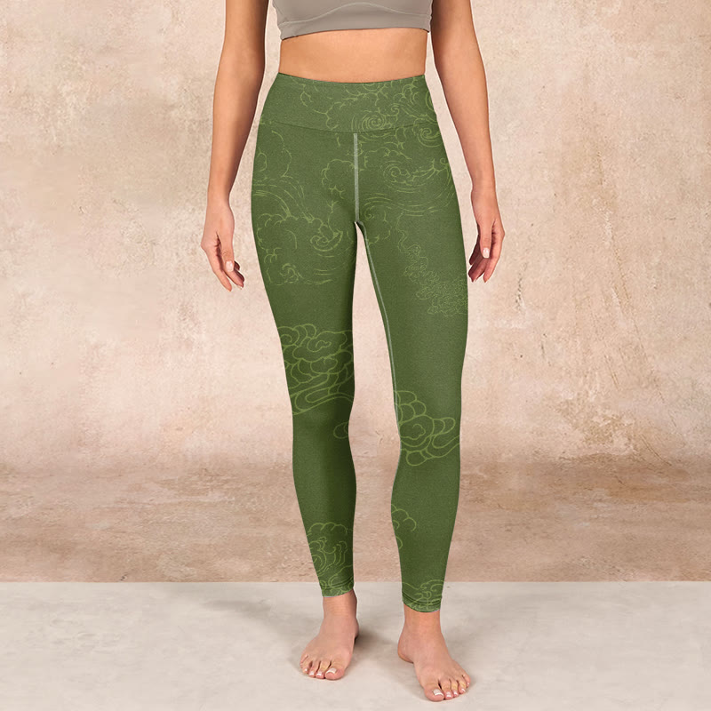 Green Auspicious Cloud Waves Print Gym Leggings Women's Yoga Pants