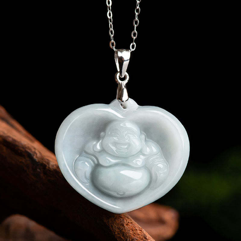 925 Sterling Silver Laughing mystic zen White Jade Luck Blessing Necklace Pendant