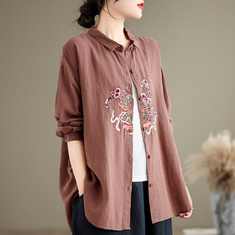 Flower Embroidery Long Sleeve Cotton Linen Women's Shirts