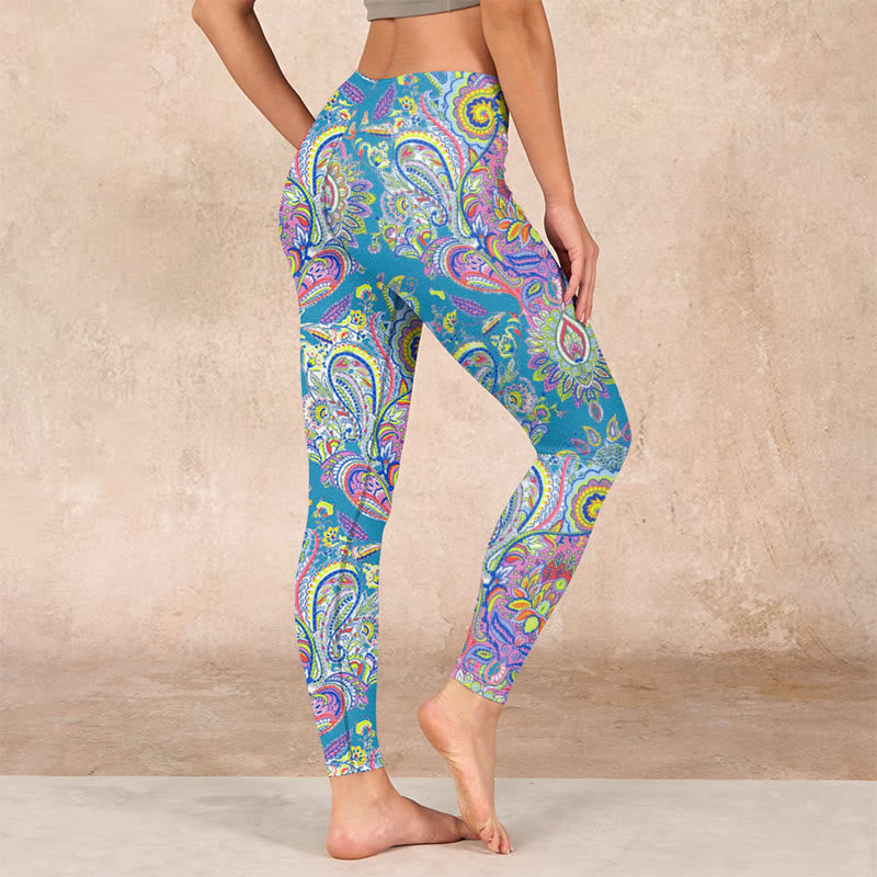 Blue Pink Green Flower Print Gym Fitness Leggings Women's Yoga Pants