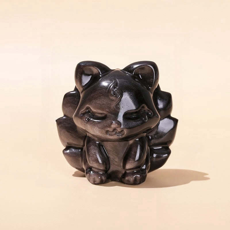 Natural Silver Sheen Obsidian Nine-Tailed Fox Protection Home Decoration