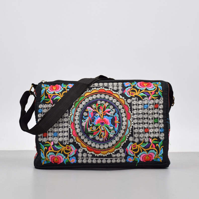 Galsang Inula Flower Peony Peacock Double-Sided Embroidery Canvas Shopping Purse Handbag Crossbody Bag