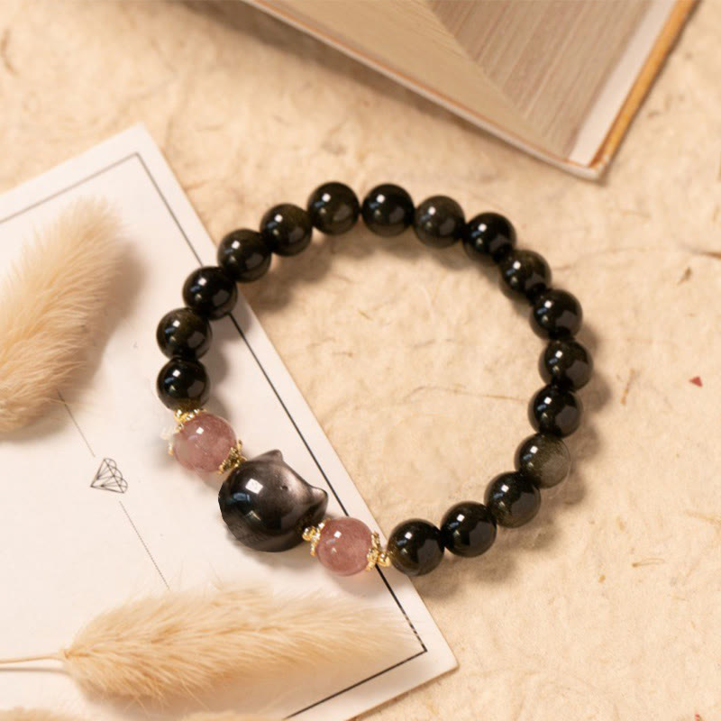 Black Obsidian Strawberry Quartz Beads Silver Sheen Obsidian Cat Head Strength  Bracelet