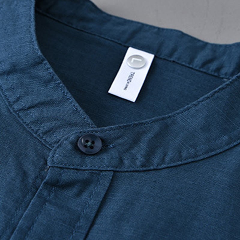 Men's Long Sleeve Stand Collar With Pocket Pure Color Casual Cotton Linen Shirt