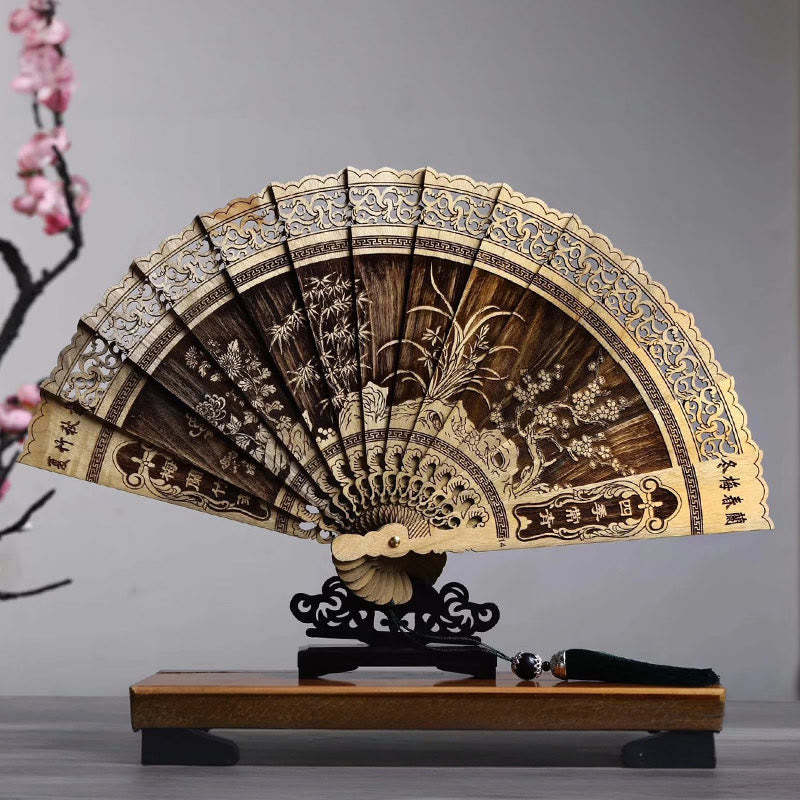 Koi Fish Peony Bird Flower Engraved Hollow Handheld Phoebe Zhennan Wood Folding Fan 22cm
