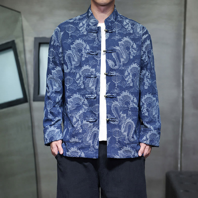 Chinese New Year Jacquard Embroidery Dragon Lantern Frog-button Tang Suit Cotton Men's Jacket Shirt With Pockets