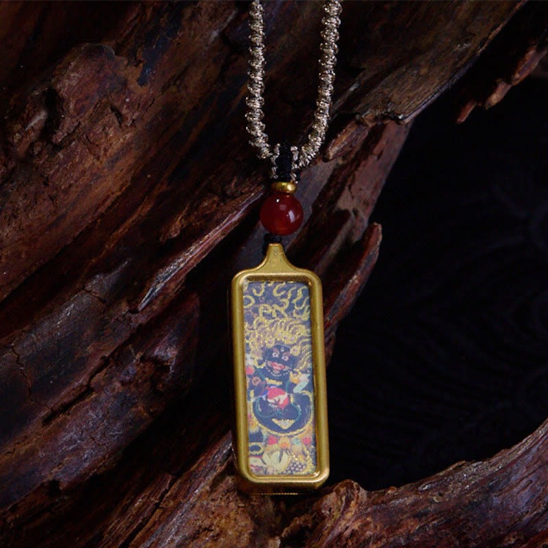 Tibet Zakiram Yellow God of Wealth Nine-Tailed Fox Hand-Painted Thangka Calm Necklace Pendant
