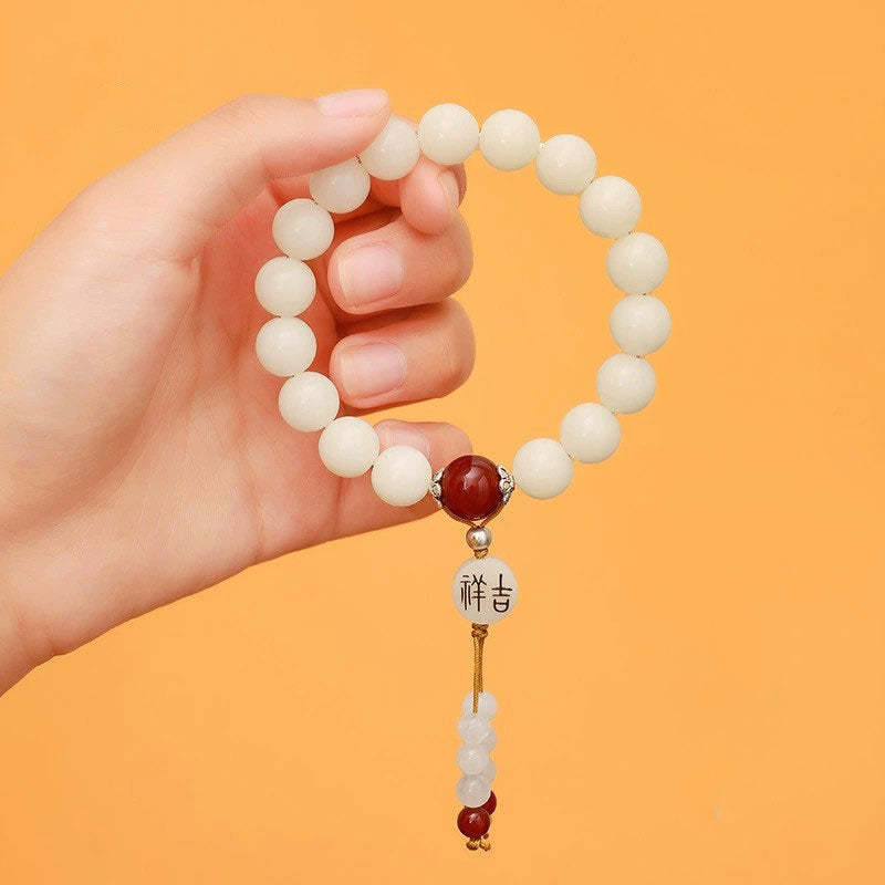 Bodhi Seed Red Agate Black Obsidian Pink Crystal Rutilated Quartz Peace Wrist Mala Bracelet