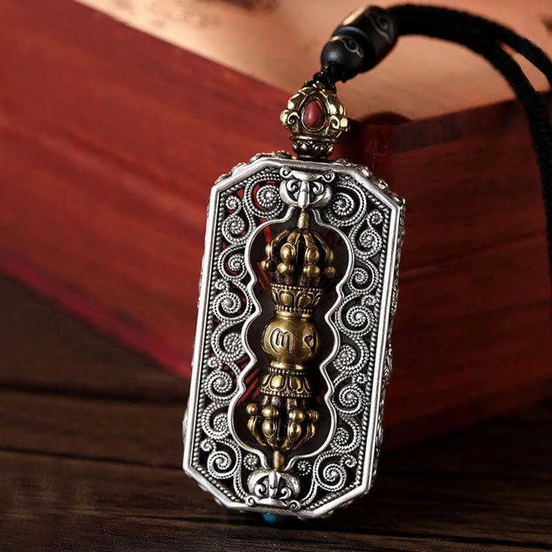 Tibetan Om Mani Padme Hum Carved Dorje Vajra Rotatable Lotus Pattern Purity Rope Necklace Pendant