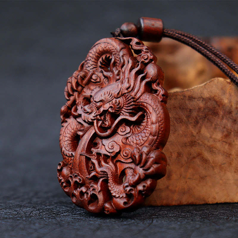 Lightning Struck Jujube Wood Double Dragon Relief Ward Off Evil Spirits Necklace Pendant