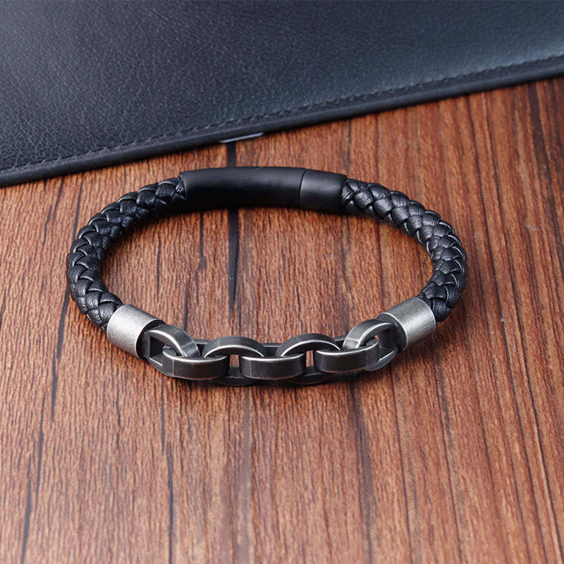 Chain Design Titanium Steel Balance Leather Braided Buckle Bracelet