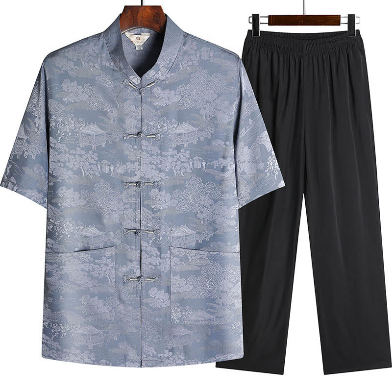 Pine Tree Pavilion Garden Tang Suit Hanfu Traditional Uniform Short Sleeve Top Pants Clothing Men's Set