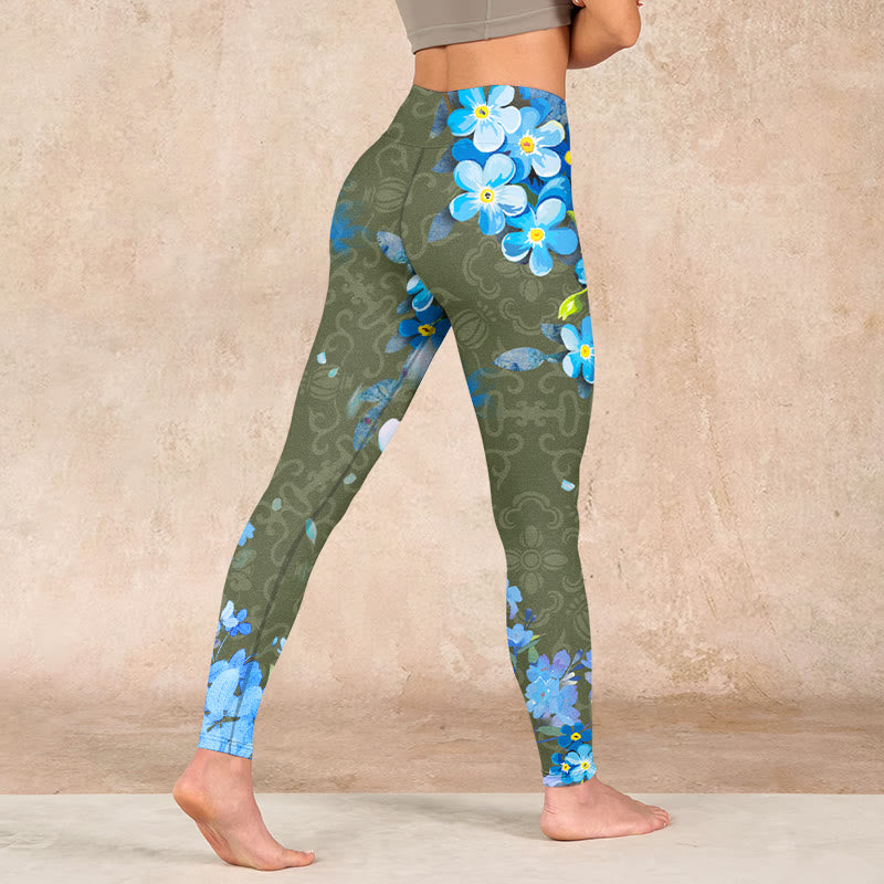 Blue Flowers Butterflies Print Gym Leggings Women's Yoga Pants