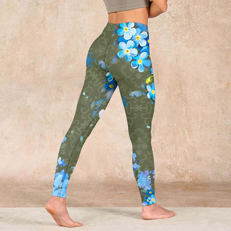Blue Flowers Butterflies Print Gym Leggings Women's Yoga Pants