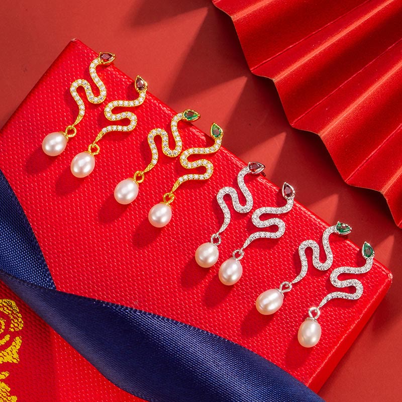 925 Sterling Silver Pearl Year Of The Snake Blessing Earrings