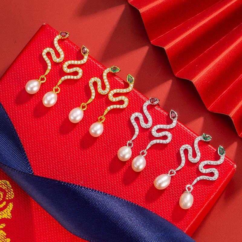 925 Sterling Silver Pearl Year Of The Snake Blessing Earrings