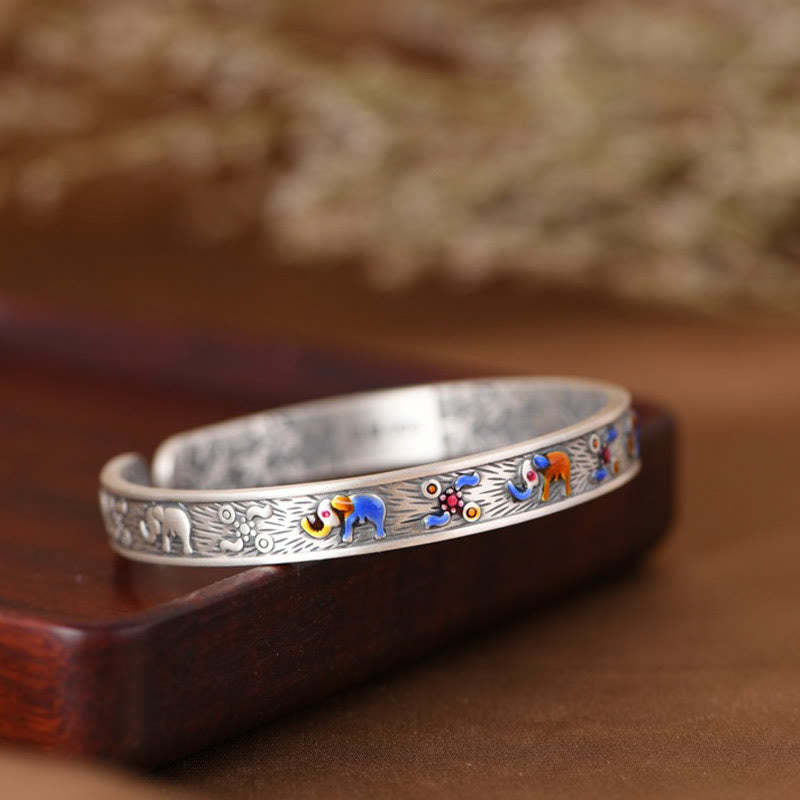 999 Sterling Silver Elephant Strength Wisdom Bracelet Cuff Bangle