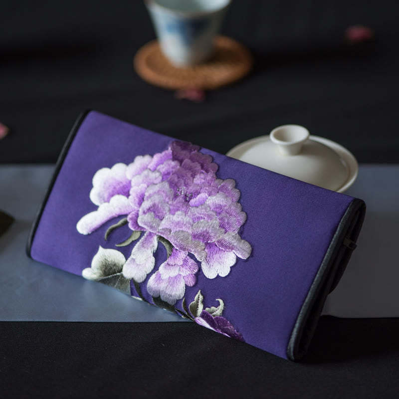 Peony Flower Su Embroidery Journey Shopping Long Purse Handbag