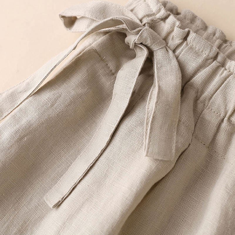 Casual Plain Color Lace-up Cotton Linen Women's Wide Leg Pants