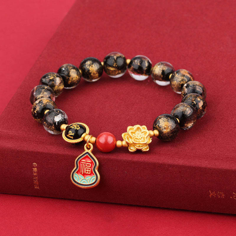 Tibet Om Mani Padme Hum Fu Character Gourd Charm Lotus Liuli Glass Bead Luck Bracelet