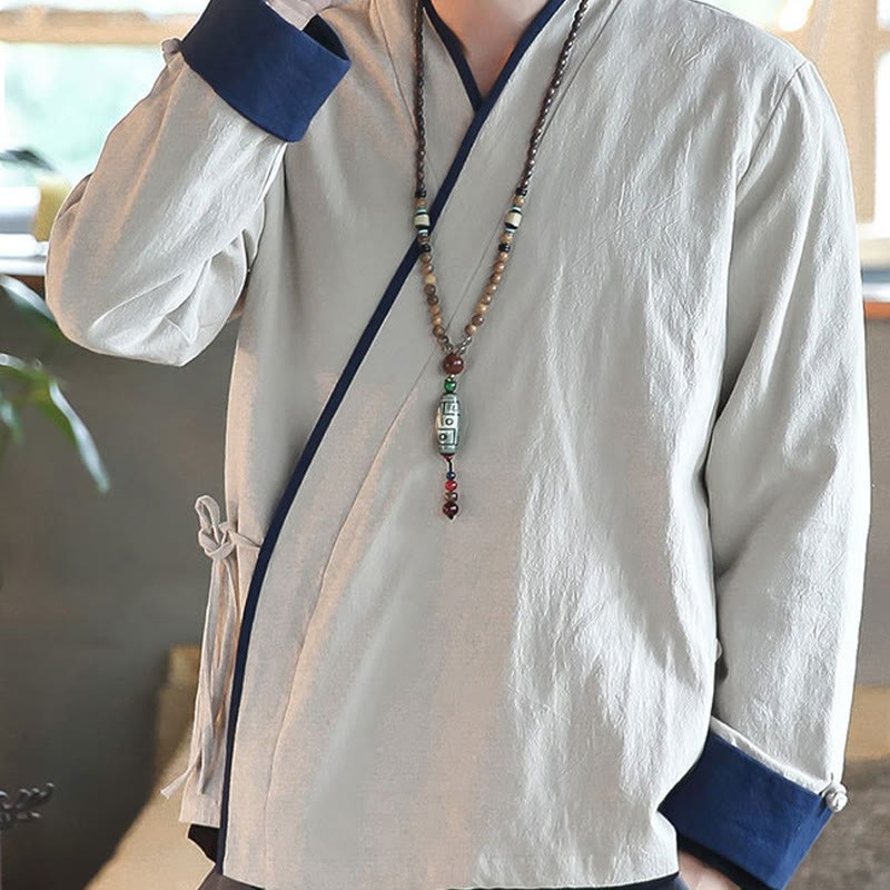Fall Colorblock Long Sleeve Shirt Linen Lace-up Men Clothing