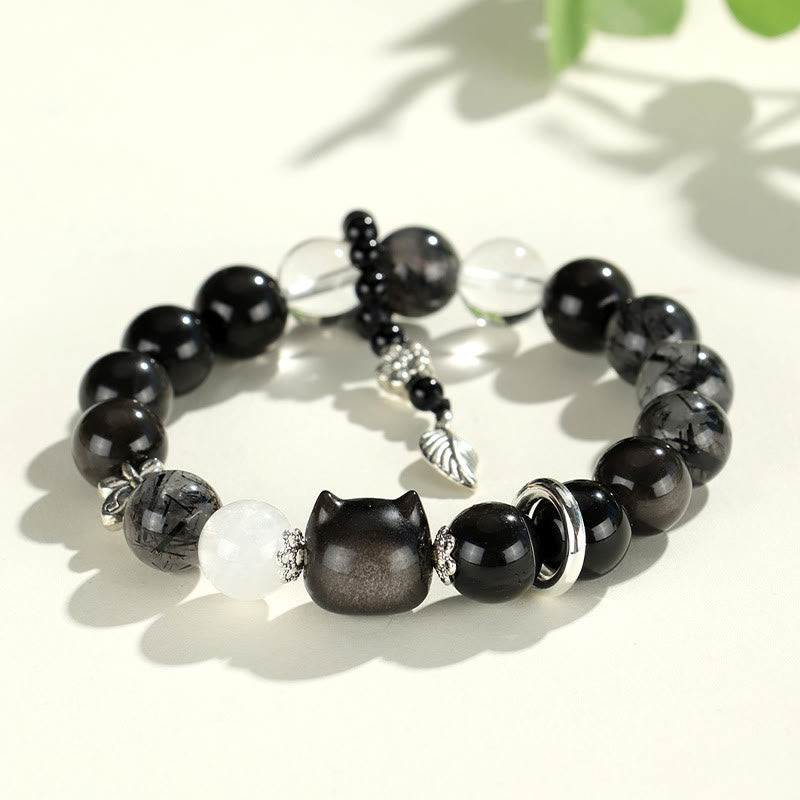Natural Silver Sheen Obsidian Cat Head Fox Planet Protection Bracelet