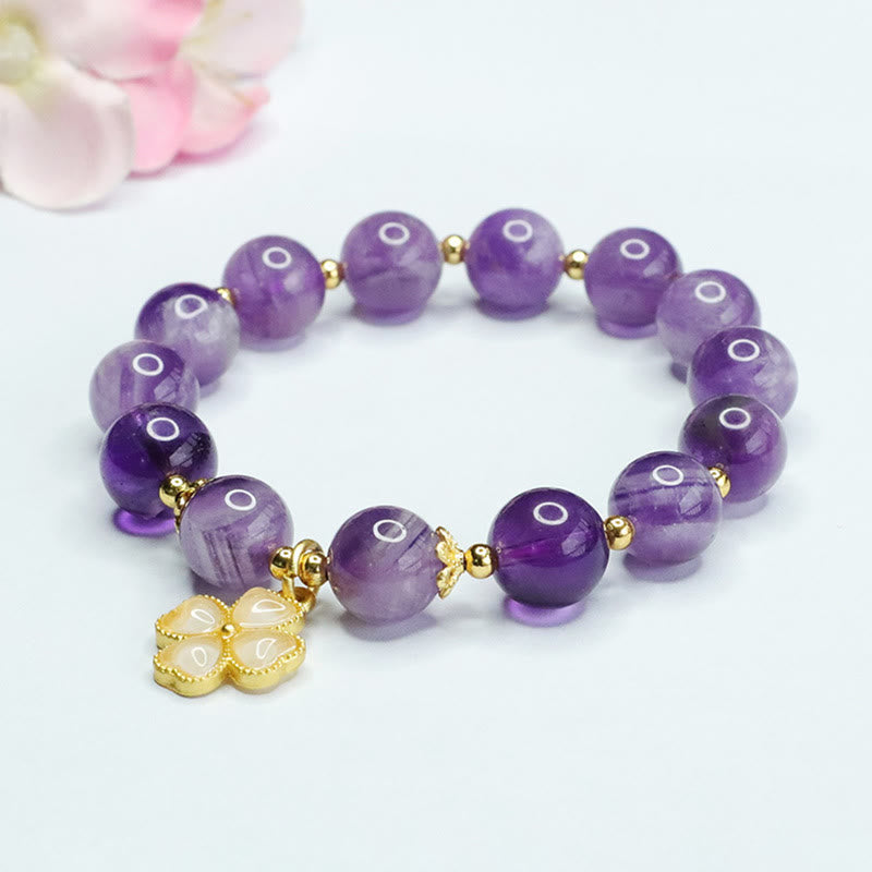 Natural Amethyst Crystal Inner Peace Four Leaf Clover Charm Bracelet
