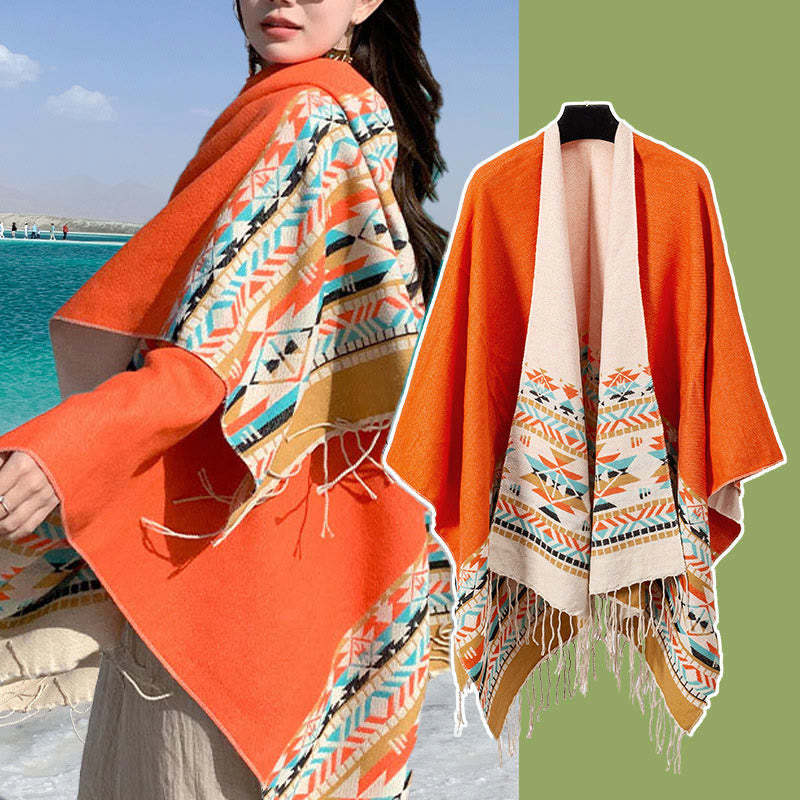 Tibetan Geometric Rhombus Pattern Tassels Shawl Fall Winter Warm Cozy Scarf Wrap