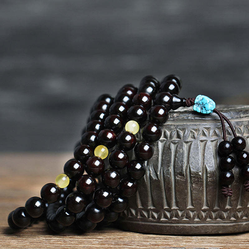 108 Mala Beads 4.8 Stars With Gold Star Indian Small Leaf Red Sandalwood Amber Turquoise Chinese Knotting Blessing Bracelet
