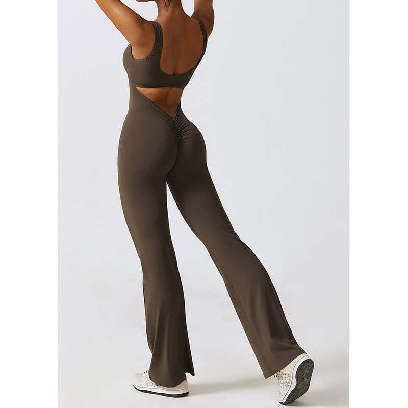 Women Workout Sleeveless Jumpsuit Flare Pants Sports Fitness Yoga Bodysuit