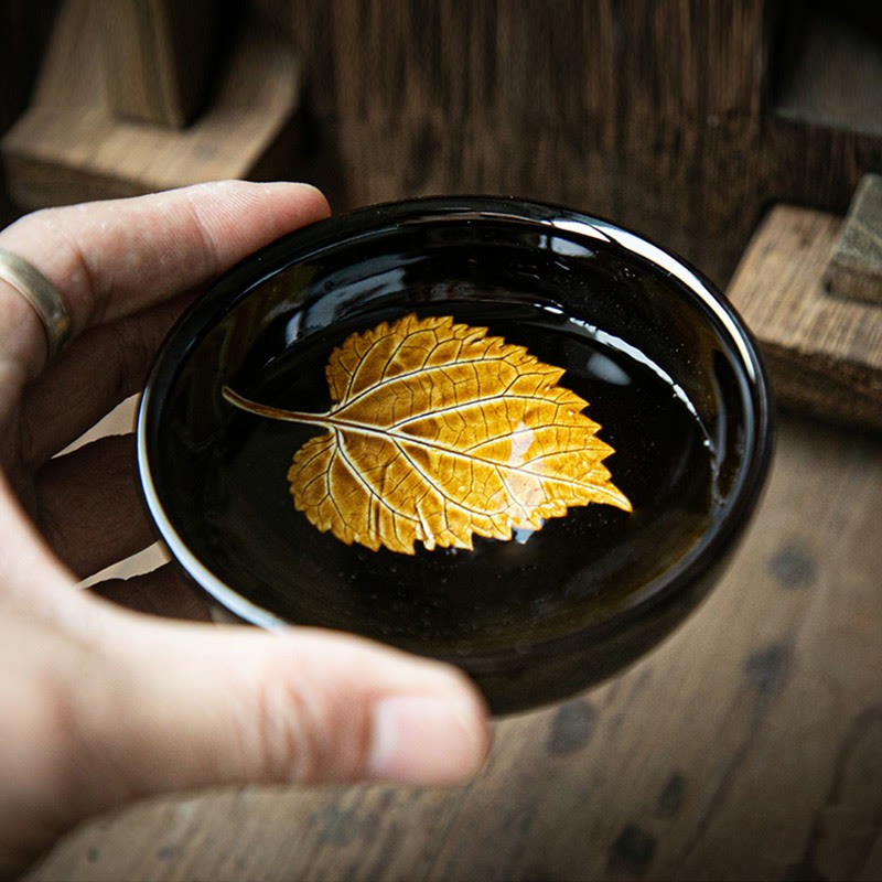 Gold Maple Leaf Chinese Jianzhan Ceramic Teacup Tenmoku Kung Fu Tea Cup Bowl