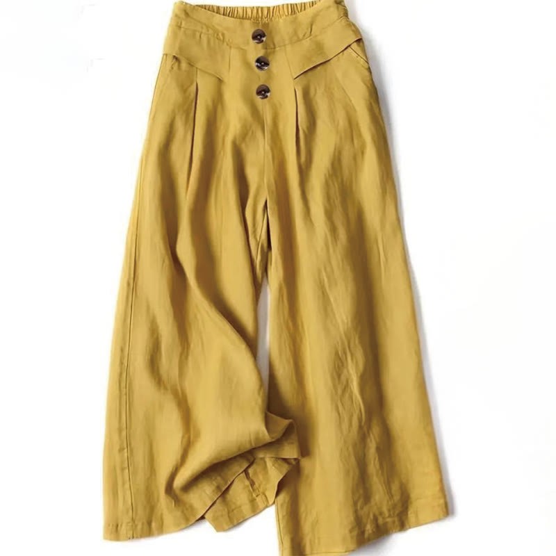 Retro Casual High Waist Cotton Linen Women's Wide Leg Pants With Pockets
