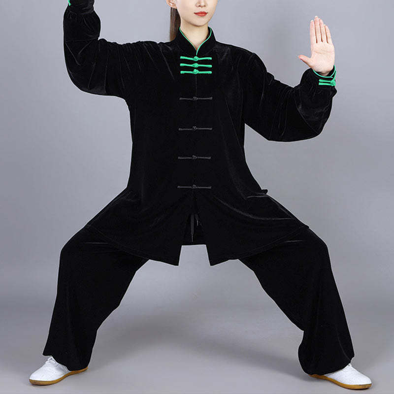2Pcs Fall Winter Tai Chi Qigong Practice Unisex Frog-Button Meditation Velour Clothing Set