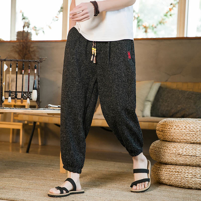 Plain Drawstring Cotton Men's Harem Pants With Pockets