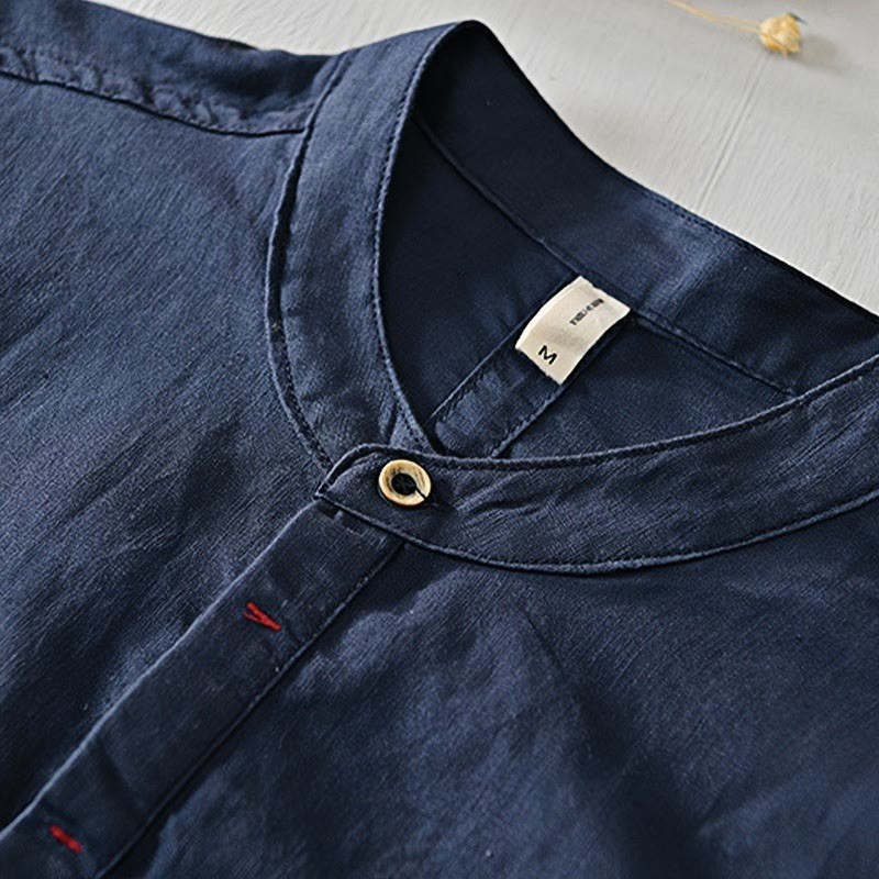 Causal Simple Design Short Sleeve Cotton Linen Half Button Men's Shirt