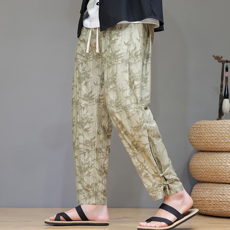 Bamboo Ankle Frog-button Drawstring Men's Pants With Pockets