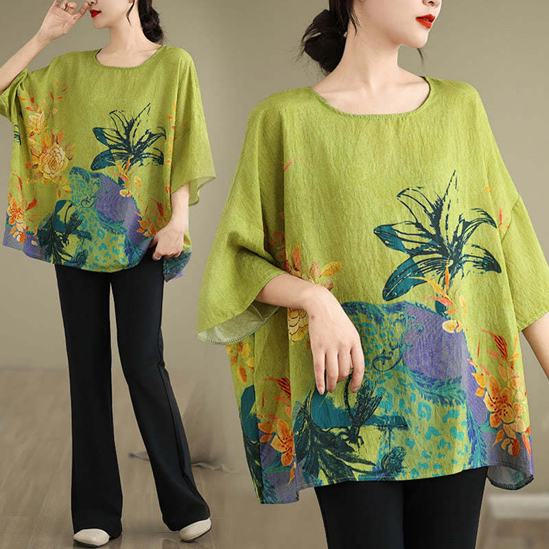 Yellow Green Flowers Three Quarter Sleeve Linen T-shirt Tee