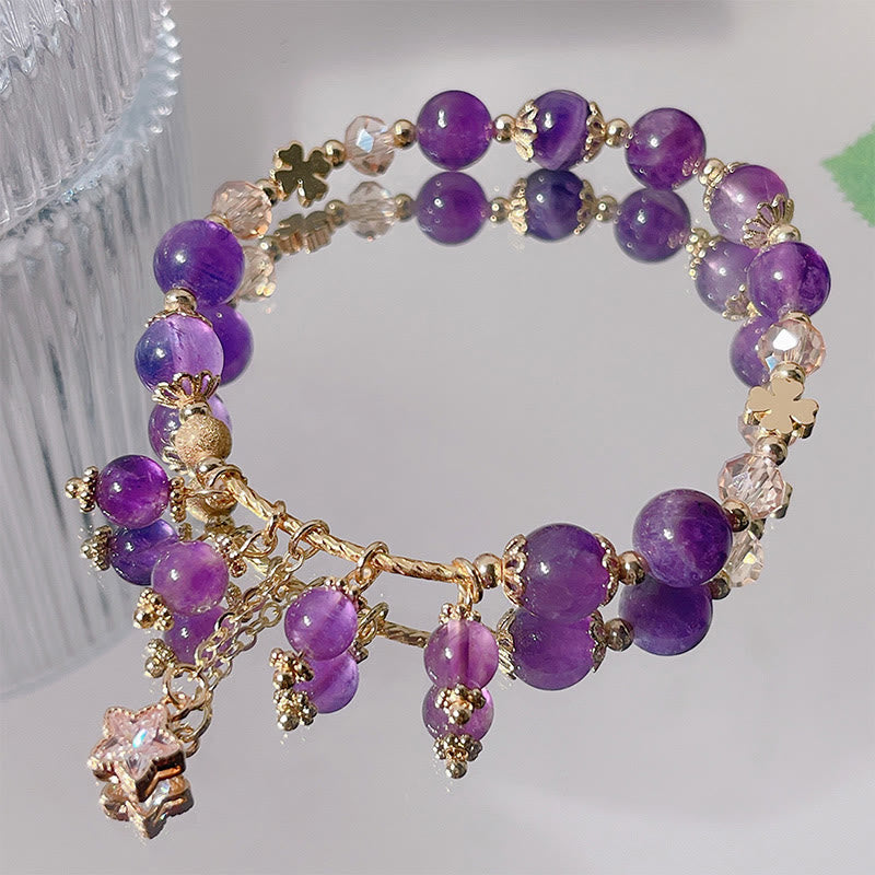 Natural Amethyst Four Leaf Clover Star Peace Bracelet
