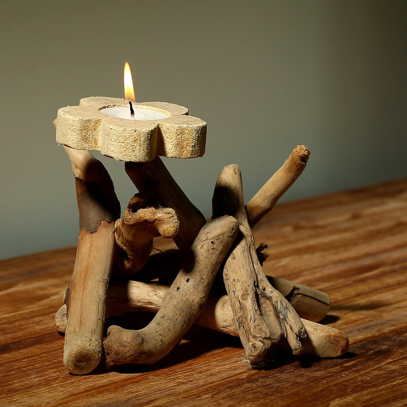 Flower Pattern Wood Candlestick Home Candle Holder Decoration