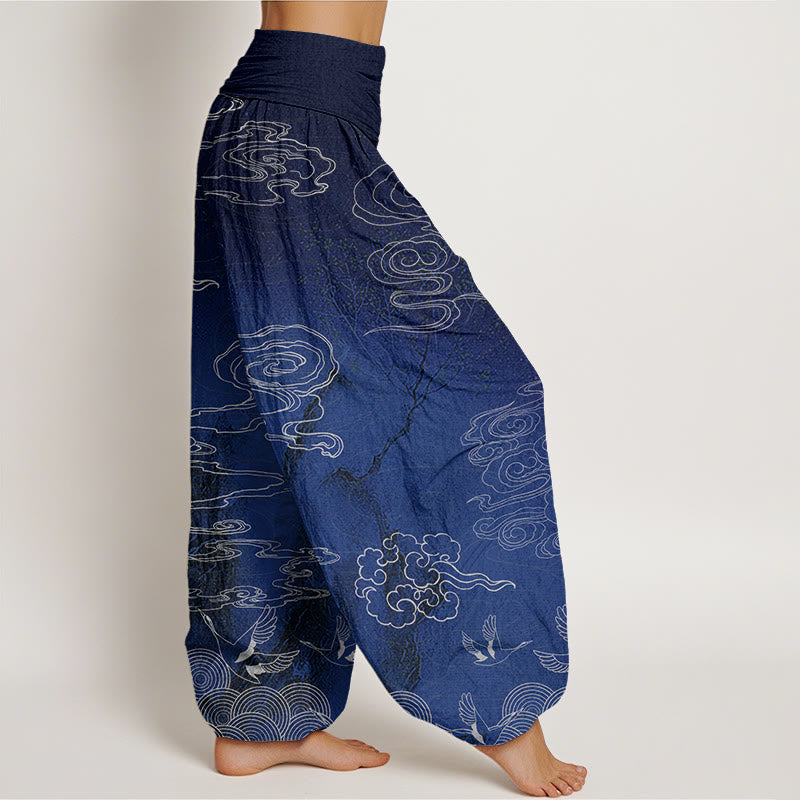 White Auspicious Clouds Birds Tree Pattern Women's Elastic Waist Harem Pants